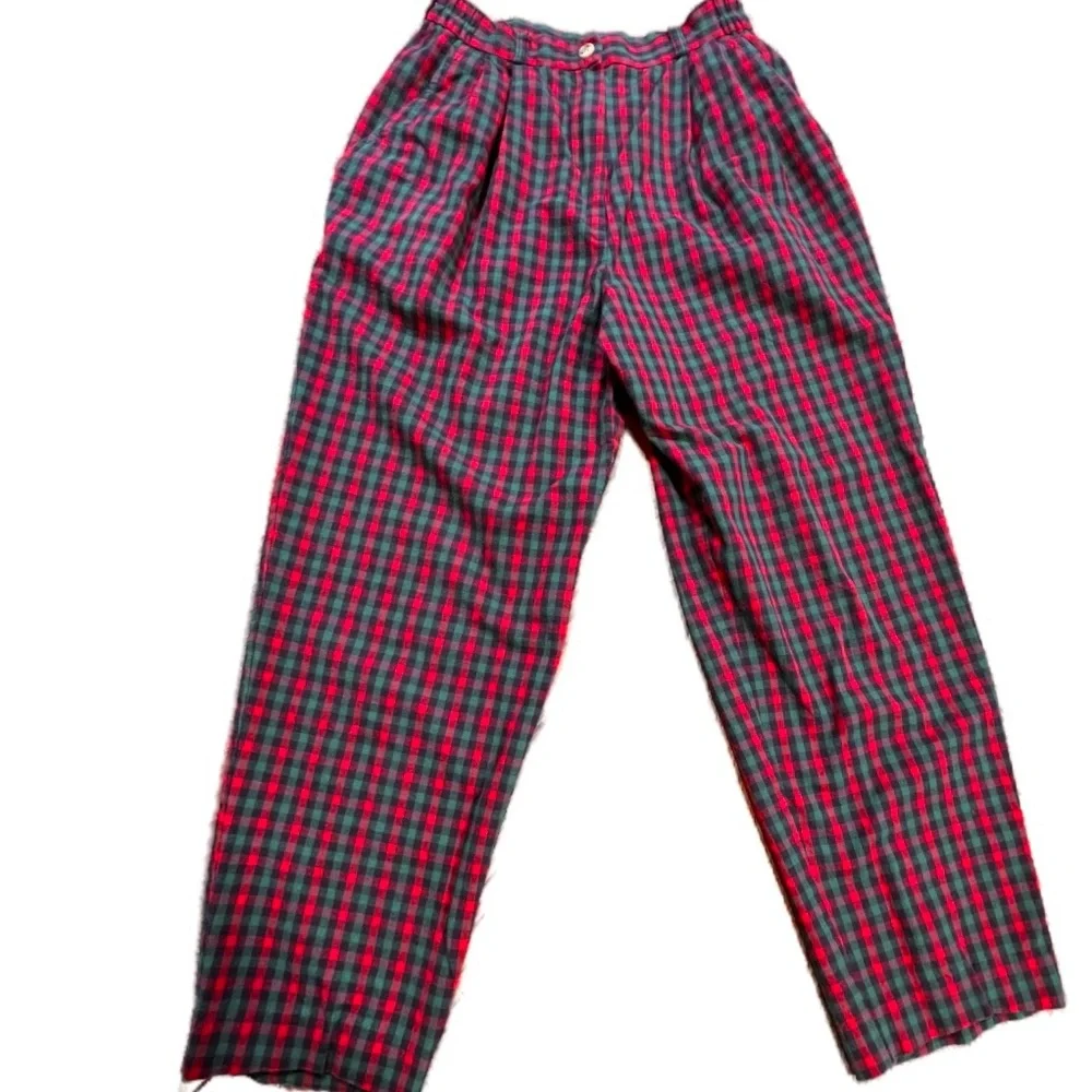 VINTAGE 80s tartan plaid check cotton trouser pants high waisted preppy academia
